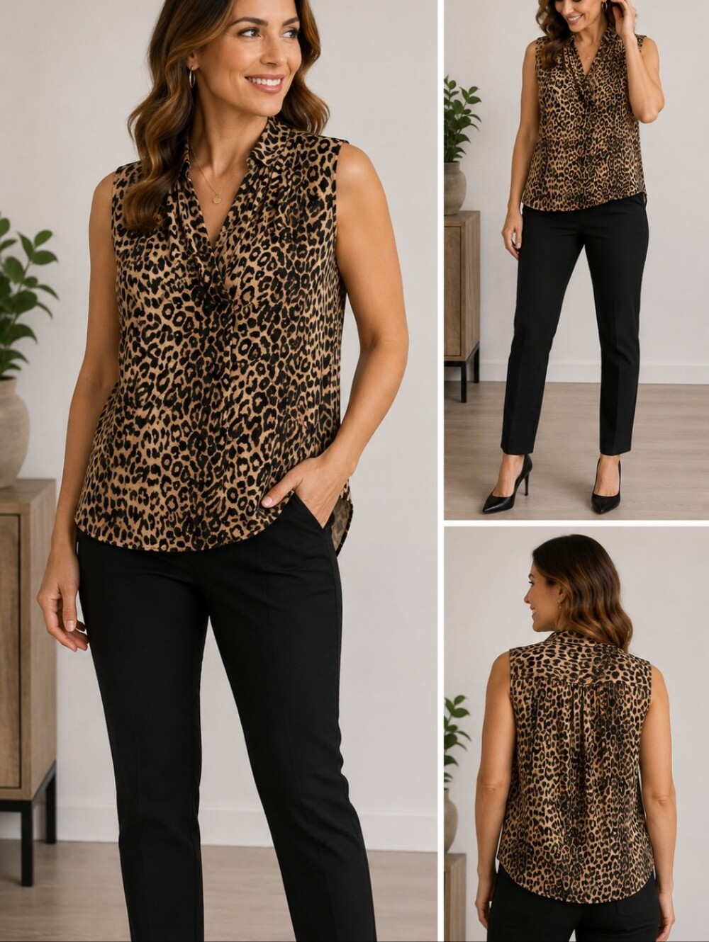 Vince Camuto Leopard Print Sleeveless V-Neck Top - Tan & Black